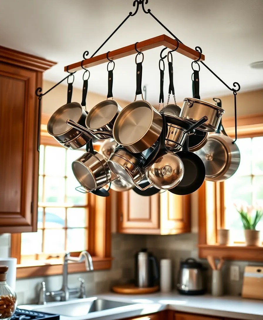 22 DIY Organization Hacks That Will Declutter Your Home (You’ll Be Shocked by #10!) - 12. Hanging Pot Rack for Kitchen Storage