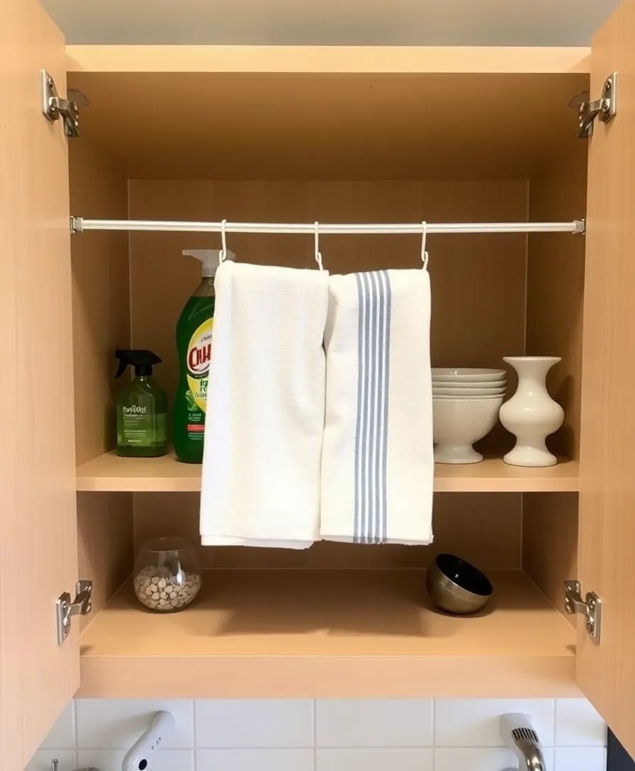 22 DIY Organization Hacks That Will Declutter Your Home (You’ll Be Shocked by #10!) - 14. Use Tension Rods in Cabinets
